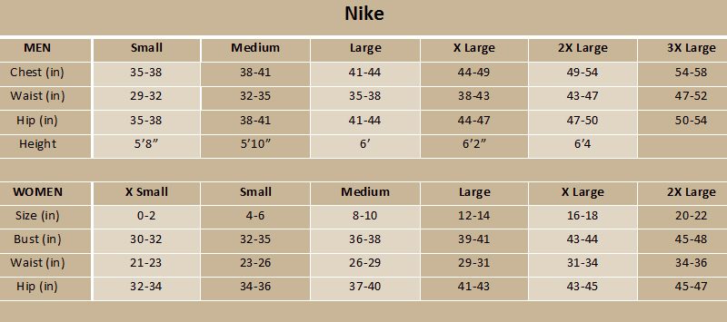 official nike size chart